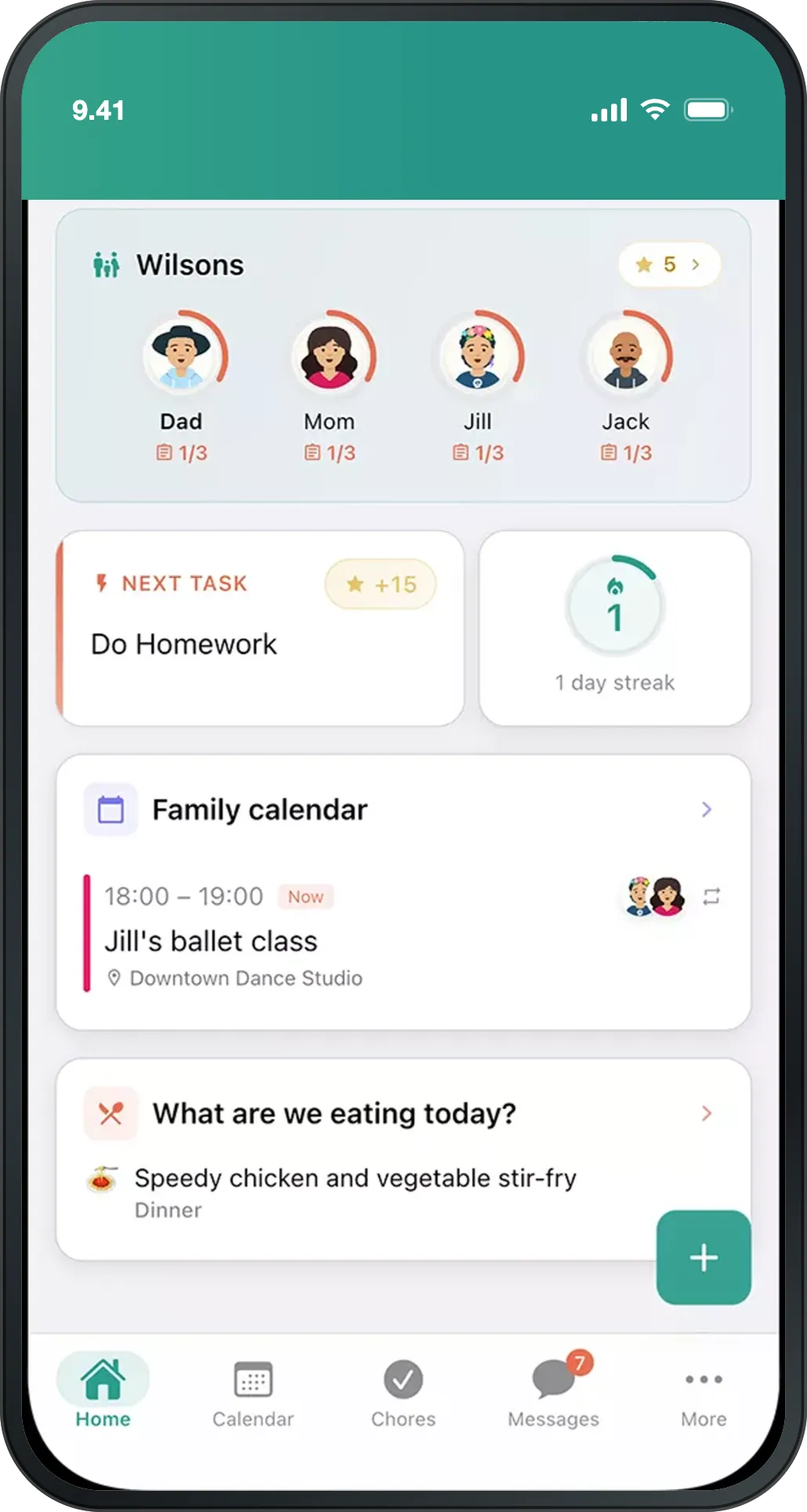 Perhe.apps hjemmevisning: familiemedlemmer, næste opgave og dagens familiekalender.