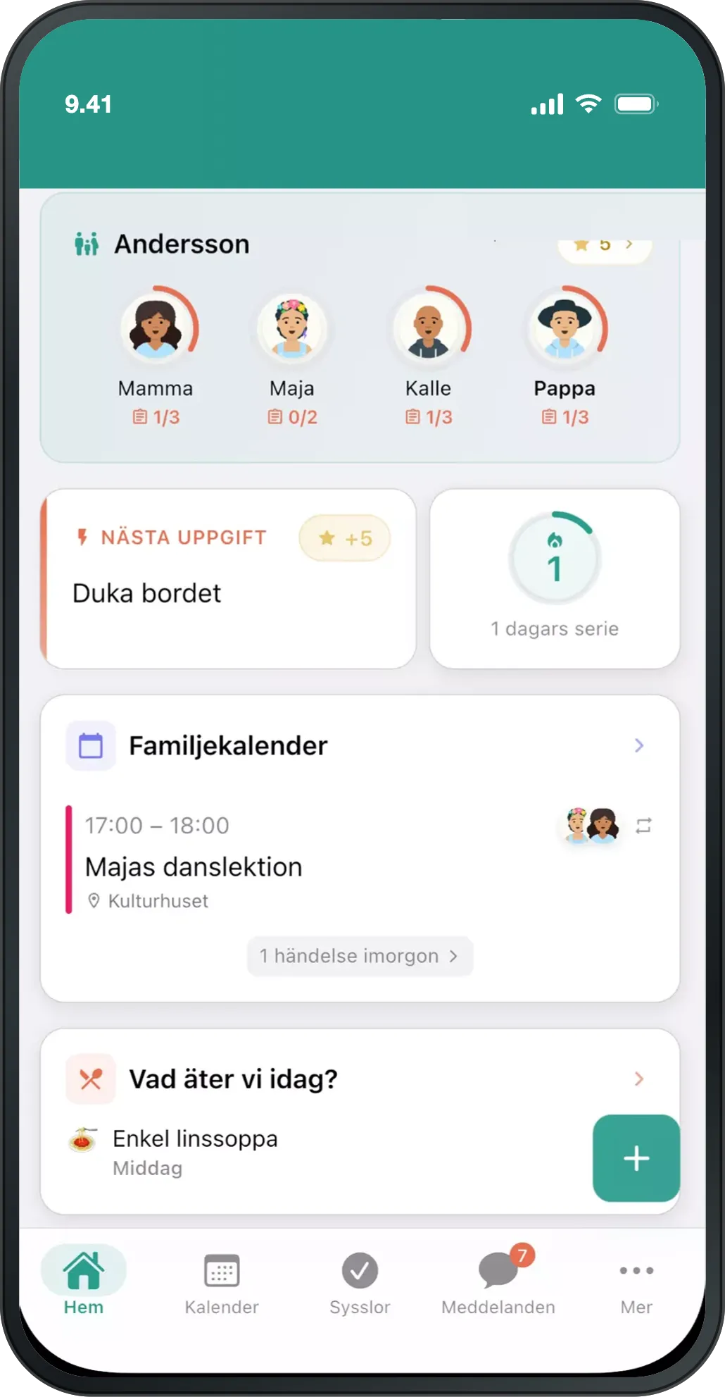 Perhe.apps hemvy: familjemedlemmar, nästa uppgift och dagens familjekalender.